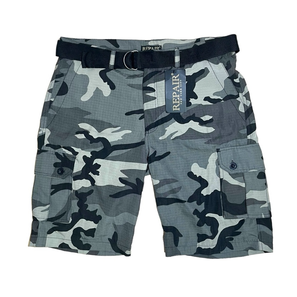 Repair Camo Gray & Black Men’s Cargo Shorts & Belt